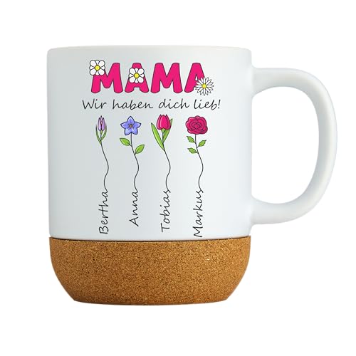 LIEBTASTISCH - “Mama, wir haben dich lieb ” Tasse mit Kork - Personalisiert - Geschenk zum Muttertag, Geburtstag, Dankeschön, Muttertagsgeschenk - Mutter - Blumen (4 Kinder) von LIEBTASTISCH