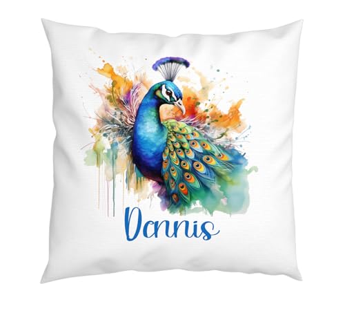 LIEBTASTISCH - PFau Kissen - Personalisiert mit Wunschnamen - Kinderkissen - Dekokissen - Tiere - Junge - Mädchen - Geschenk - 40cm x 40 cm Kissen mit Füllung. von LIEBTASTISCH