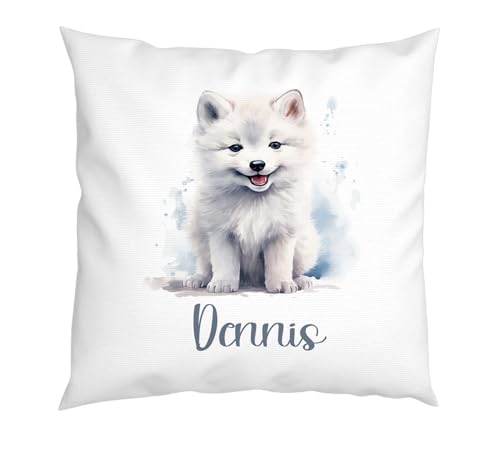 LIEBTASTISCH - Schnee Hund Kissen - Personalisiert mit Wunschnamen - Kinderkissen - Dekokissen - Tiere - Junge - Mädchen - Geschenk - 40cm x 40 cm Kissen mit Füllung. von LIEBTASTISCH