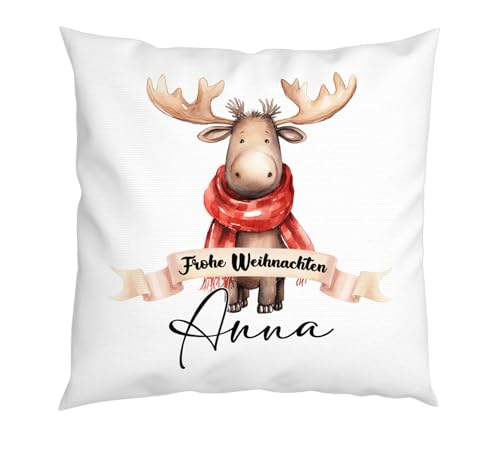 LIEBTASTISCH - Weihnachtskissen - Personalisiertes Kissen mit Wunschnamen - Frohe Weihnachten - Tiere - 40x40cm - mit Füllung - Weihnachtsdeko (Elch) von LIEBTASTISCH