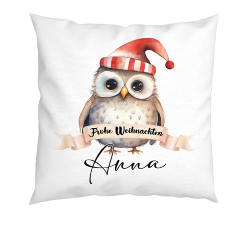 LIEBTASTISCH - Weihnachtskissen - Personalisiertes Kissen mit Wunschnamen - Frohe Weihnachten - Tiere - 40x40cm - mit Füllung - Weihnachtsdeko (Eule) von LIEBTASTISCH