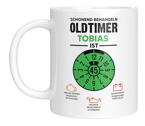 LIEBTASTISCH - zum 45 Geburtstag - Personalisiert - Schonend behandelt - Oldtimer - Geschenk zum Geburtstagsgeschenk - Mann Männer oder Frau Frauen - lustig (Weiss, 45) von LIEBTASTISCH