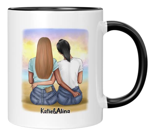 LIEBTASTISCH - Personalisiert mit Clipart Motiv (LGBTQ, Lesben, Frauen Paar) Kaffeetasse in weiß, schwarz oder rosa - Personalisierte Tasse - Pärchen Geschenke (Schwarz) von LIEBTASTISCH