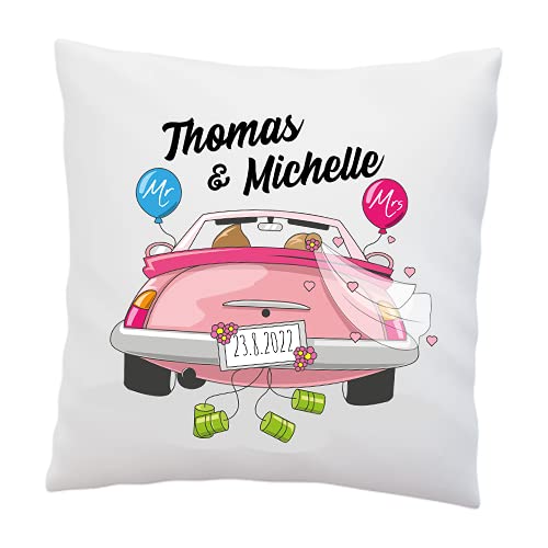 LIEBTASTISCH Personalisiertes Hochzeitskissen Mr. & Mrs.mit 2 Namen und Auto - Dekokissen 40x40cm Weiß - Liebe - Romantisch - Hochzeitsgeschenk - Geldgeschenk von LIEBTASTISCH