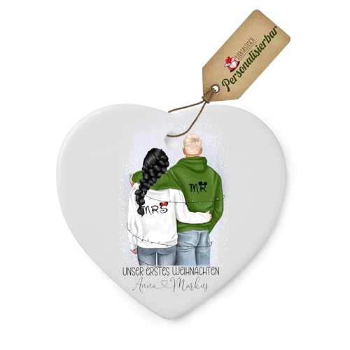 Personalisierbare Keramik-Weihnachtsornamente - Couple Pärchen - Weihnachtsbaum-Deko für Ihren Weihnachtsbaum – Personalisierte Weihnachtsanhänger als Christbaumschmuck - Geschenk (Herz) von LIEBTASTISCH