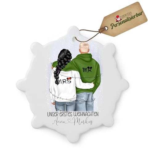 Personalisierbare Keramik-Weihnachtsornamente - Couple Pärchen - Weihnachtsbaum-Deko für Ihren Weihnachtsbaum – Personalisierte Weihnachtsanhänger als Christbaumschmuck - Geschenk (Schneeflocke) von LIEBTASTISCH