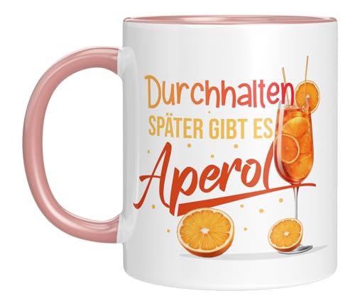 Tasse mit Spruch - Durchhalten später gibt es Aperol - Partygeschenk - Freundin - Frau - witzig - Geschenkidee - Geburtstagsgeschenk - farbig von LIEBTASTISCH