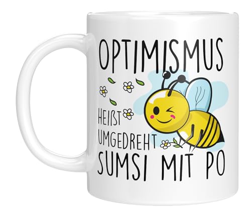 Tasse mit Spruch - Optimismus heißt umgedreht Sumsi mit Po - lustige Kaffeetasse - witziges Design - Biene - Geburtstagsgeschenk - Geschenkidee Tasse mit Spruch - Optimismus heißt umgedreht Sumsi mit Po - lustige Kaffeetasse - witziges Design - Biene - Geburtstagsgeschenk - Geschenkidee von LIEBTASTISCH