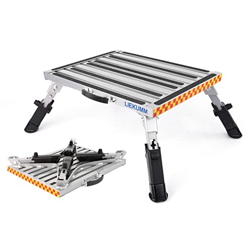 LIEKUMM Alu Tritthocker, Klapptritt, bis 450kg, 48x37cm Trittleiter mit Rutschfester Plattform, Höhenverstellbar 17-20,5 cm, Wohnwagen Trittstufe, Geeignet für Küche, SUV, mit Leuchtstoffstreifen von LIEKUMM