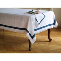 Weiße Leinen Fransen Tischdecke Mit Borte. Gewaschene Tischdecke. Natürliche Rustikale Große Weiße Leinen Fransen Tischdecke Mit Borte. Gewaschene Tischdecke. Natürliche Rustikale Große von LIEMHOME