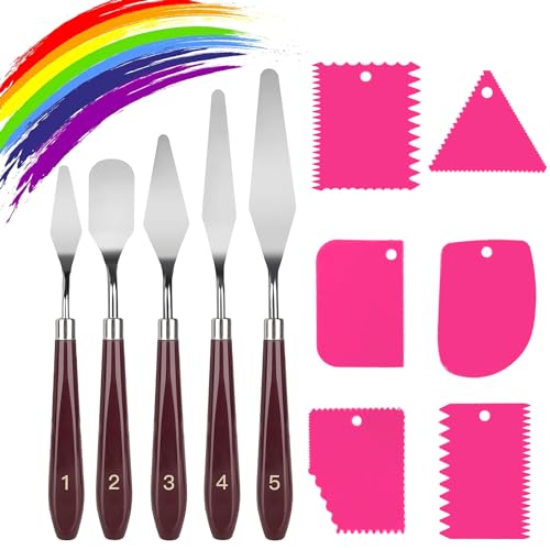 11 Stück Palettemesser Set, 5 Stücke Malmesser Spachtel und 6 Stücke Plastikschaber Abstreifermesser Acrylmalerei Malspachtel Künstlerbedarf für Lgemälde, Gouache, Aquarell, Felsmalerei (Rosa) von LIERFIS