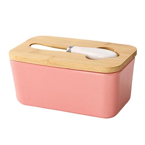 Handgefertigte Butterdose aus Keramik mit Bambusdeckel und Buttermesser, rechteckig, luftdicht, Compatible with Butter und Käse, Mineralton(Rose) von LIEWEI Boutique Shop UK