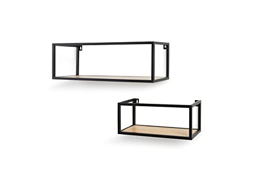 LIFA LIVING 2er Set Wandregal im Industrie Design, Schweberegal aus schwarzem Metall & Holz, 2X quadratisches Hängeregal für Wohnzimmer & Flur, Belastbarkeit 2 kg von LIFA LIVING