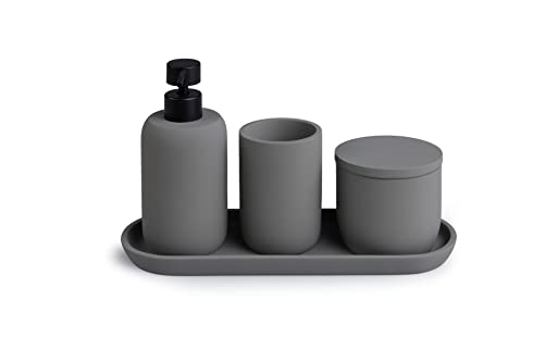 Lifa Living 4-teiliges Badaccessoires Set mit Tablett, Seifenspender, Zahnputzbecher & Behälter mit Deckel, Badzubehör als Deko, in Anthrazit von LIFA LIVING