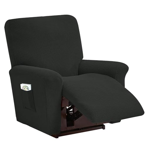 LIFEDX Sesselbezug Stretch Sessel Überzug Plaid 4-Teilig, Relaxsessel Sessel Bezug Volltonfarbe Elastisch Sesselhusse mit Taschen, rutschfest Abnehmbar und Waschbar Sesselschone- Black||1 Seater von LIFEDX
