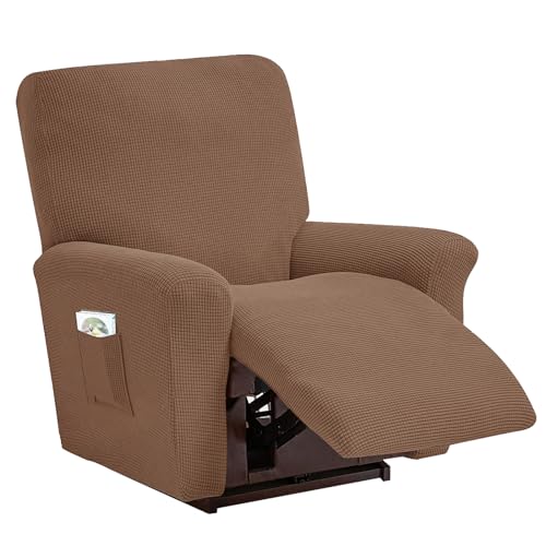 LIFEDX Sesselbezug Stretch Sessel Überzug Plaid 4-Teilig, Relaxsessel Sessel Bezug Volltonfarbe Elastisch Sesselhusse mit Taschen, rutschfest Abnehmbar und Waschbar Sesselschone- Coffee||1 Seater von LIFEDX