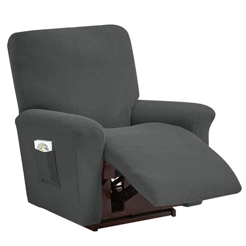 LIFEDX Sesselbezug Stretch Sessel Überzug Plaid 4-Teilig, Relaxsessel Sessel Bezug Volltonfarbe Elastisch Sesselhusse mit Taschen, rutschfest Abnehmbar und Waschbar Sesselschone-Dark Gray||1 Seater von LIFEDX