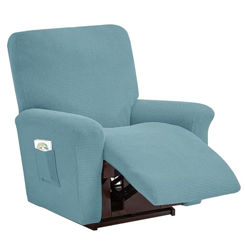 LIFEDX Sesselbezug Stretch Sessel Überzug Plaid 4-Teilig, Relaxsessel Sessel Bezug Volltonfarbe Elastisch Sesselhusse mit Taschen, rutschfest Abnehmbar und Waschbar Sesselschone- Light Blue||1 Seater von LIFEDX