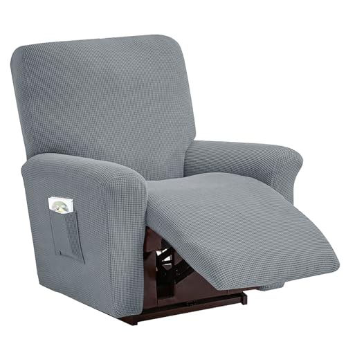 LIFEDX Sesselbezug Stretch Sessel Überzug Plaid 4-Teilig, Relaxsessel Sessel Bezug Volltonfarbe Elastisch Sesselhusse mit Taschen, rutschfest Abnehmbar und Waschbar Sesselschone- Light Gray||1 Seater von LIFEDX
