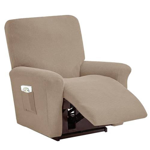 LIFEDX Sesselbezug Stretch Sessel Überzug Plaid 4-Teilig, Relaxsessel Sessel Bezug Volltonfarbe Elastisch Sesselhusse mit Taschen, rutschfest Abnehmbar und Waschbar Sesselschone- Sand Color||1 Seater von LIFEDX