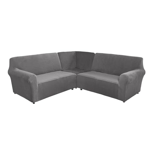 LIFEDX Sofabezug Ecksofa L Form Stretch Samt Sofa Überzug Universal Couchbezug 3-Teilig, Teilt Anti Rutsch Mit Armlehnen Sofa Cover, Kratzfester Dicker Waschbarer Möbelschutz- Grey||5 Seat von LIFEDX