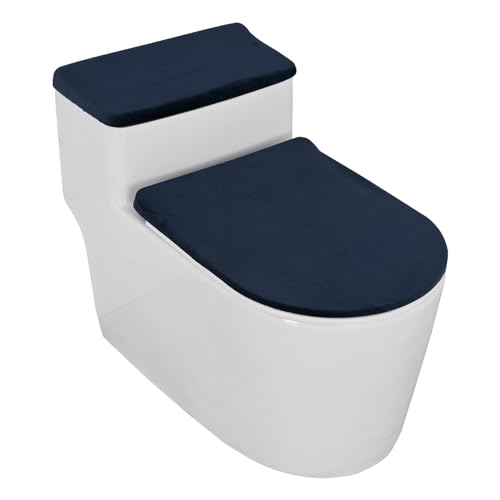 LIFEDX Toilettensitzbezug WC-Sitzbezug WC-Sitzbezüge Pads Wärmer Samt, Toilettendeckel Tank Protector Cover 2er Set mit Elastischem Boden, Toilettensitzkissen und WC Tank Deckel-Navy Blue von LIFEDX