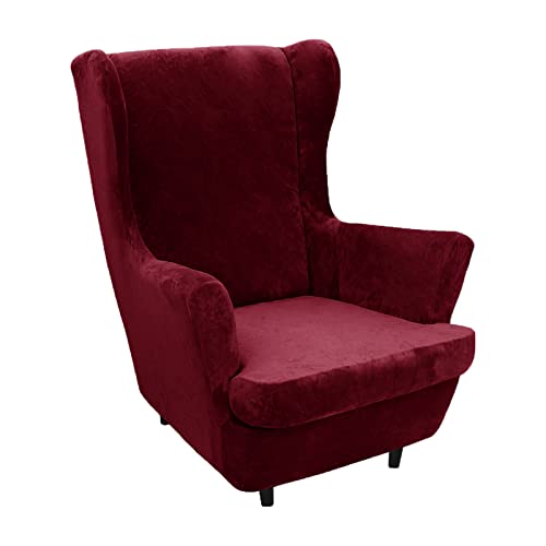 Ohrensessel Überzug Samt 2-Teilig, Sessel-Überwürfe Bezug, Elastisch Schonbezüge, Stretch Tiger Stuhlbezug Mit Armlehne Hohe Rückenlehne, Wine Red von LIFEDX