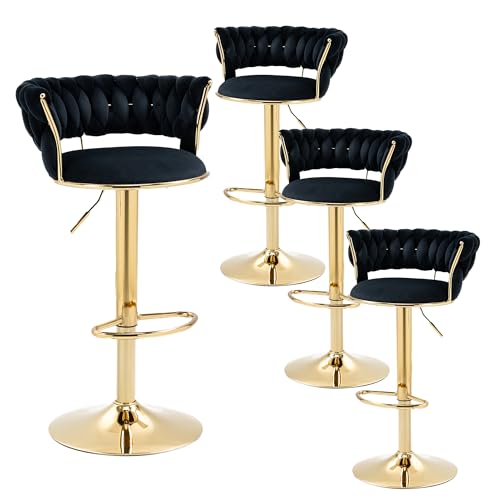 LIFEISLE Barhocker 4er-Set, 360° drehbar Barstühle mit golden höhenverstellbaren Metallrahmen, Küchenhocker mit Fußstütze Bistrohocker Schwarz von LIFEISLE
