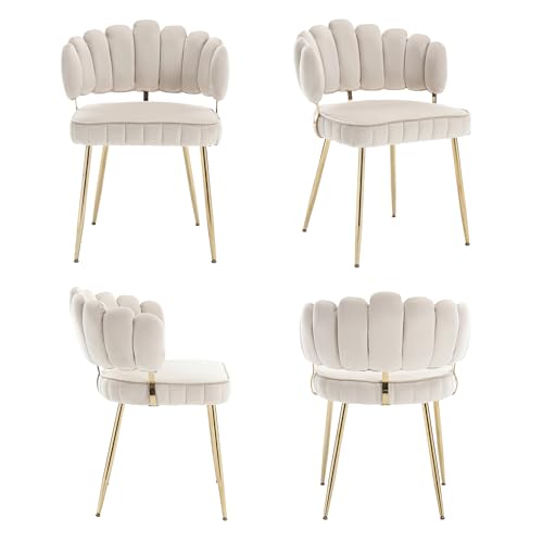 LIFEISLE Esszimerstühle Samt 4er Set, Küchenstühle mit Goldenen Beinen und Blütenblatt-Rückenlehne, Schminktisch Stuhl, für Esszimmer, Küchen, Wohnzimmer, Schlafzimmer, Beige von LIFEISLE