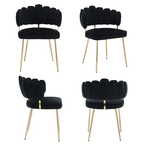 LIFEISLE Esszimerstühle Samt 4er Set, Küchenstühle mit Goldenen Beinen und Blütenblatt-Rückenlehne, Schminktisch Stuhl, für Esszimmer, Küchen, Wohnzimmer, Schlafzimmer, Schwarz von LIFEISLE