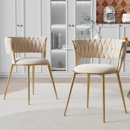 LIFEISLE Esszimmerstuhl 2er Set, Stühle mit Goldenen Metallbeinen, Samt Küchenstühle Schalenstuhl mit handgewebten Armlehne für Esszimmer, Wohnzimmer Beige von LIFEISLE