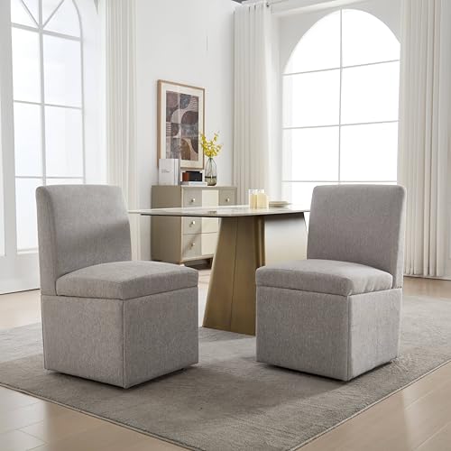 LIFEISLE Esszimmerstuhl 2er Set mit Aufbewahrung unten, Küchenstühle mit Rollen ohne Armlehnen, Gepolsterte Stühle für Esszimmer Linen, Hell Grau von LIFEISLE