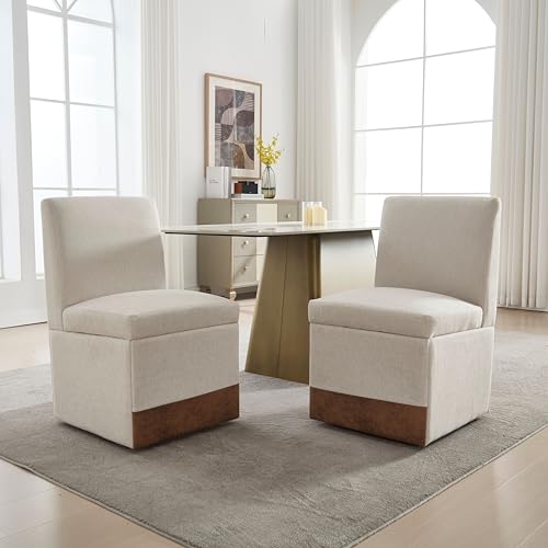 LIFEISLE Esszimmerstuhl 2er Set mit Aufbewahrung unten, Küchenstühle mit Rollen ohne Armlehnen, Gepolsterte Stühle für Esszimmer Linen Beige von LIFEISLE