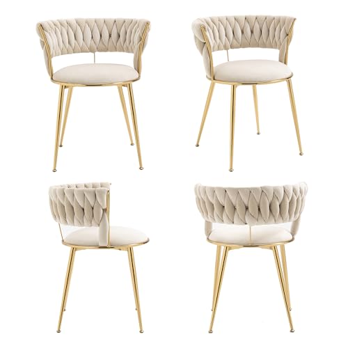 LIFEISLE Esszimmerstuhl 4er Set, Stühle mit Goldenen Metallbeinen, Samt Küchenstühle Schalenstuhl mit handgewebten Armlehne für Esszimmer, Wohnzimmer Beige von LIFEISLE