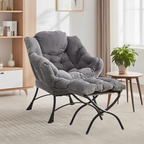 LIFEISLE Ohrensessel mit Hocker, Lazy Chair mit Ottoman, Relaxsessel mit Armlehnen, Moderner Loungestuhl mit Fußstütze und Seitentasche im Wohnzimmer Schlafzimmer Lesesessel,Cord Grau von LIFEISLE