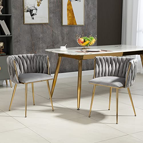 LIFEISLE Samt Stuhl, Esszimmerstuhl 2er Set mit Goldenen Metallbeinen, Schalenstuhl mit handgewebten Armlehne für Esszimmer, Wohnzimmer und Schlafzimmer Grau von LIFEISLE