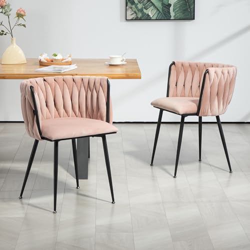 LIFEISLE Samt Stuhl, Esszimmerstuhl 2er Set mit Schwarzen Metallbeinen, Schalenstuhl mit handgewebten Armlehne für Esszimmer, Wohnzimmer und Schlafzimmer Pink von LIFEISLE