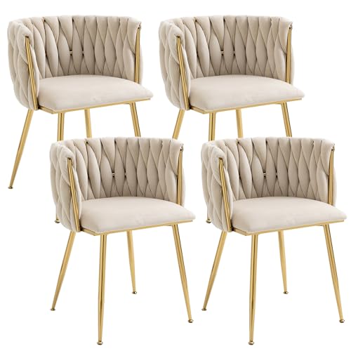 LIFEISLE Esszimerstühle Samt 4er Set, Küchenstühle mit Goldenen Beinen und Armlehne, Polsterstuhl, Sessel mit handgewebten, Schminktisch Stuhl, für Esszimmer, Küchen, Wohnzimmer, Schlafzimmer, Beige von LIFEISLE