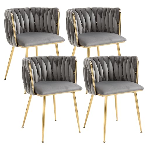 LIFEISLE Samt Stuhl, Esszimmerstuhl 4er Set mit Goldenen Metallbeinen, Schalenstuhl mit handgewebten Armlehne für Esszimmer, Wohnzimmer und Schlafzimmer Grau von LIFEISLE