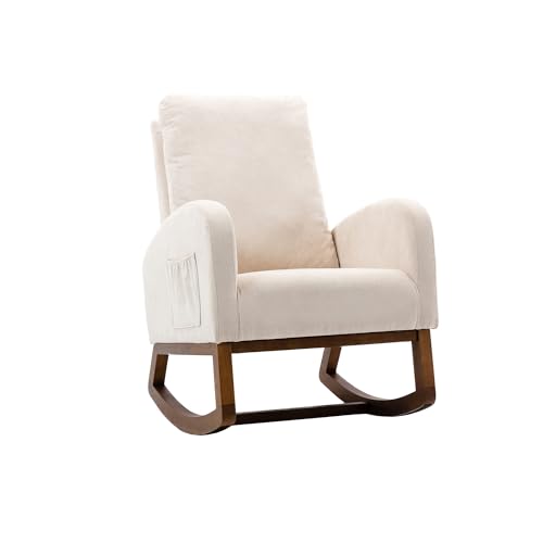 LIFEISLE Schaukelstuhl Sessel Stuhl Wohnzimmersessel, Gepolsterter Schwingsessel fürs Wohnzimmer Schlafzimmer Balkon, Hoher Rückenlehne und mit Seitentasche, Leinen Beige von LIFEISLE