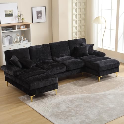 LIFEISLE U-Form Sofa Couch mit Chaiselongue, Großes Sektionssofa mit Doppelten Liegesitzen, 4 Sitzer Ecksofa mit Schlaffunktion für Wohnzimmer Schlafzimmer Büro Wohnung, Chenille-Stoff Schwarz von LIFEISLE