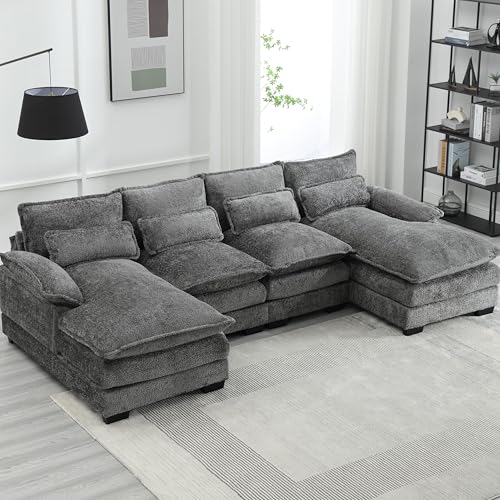 LIFEISLE U-Form Sofa Couch mit Doppel Chaiselongue, Wohnzimmer Modernes Sofa mit Verdicktes Doppel-Sitzkissen und Lendenwirbelstützekissen, Chenille Grau von LIFEISLE