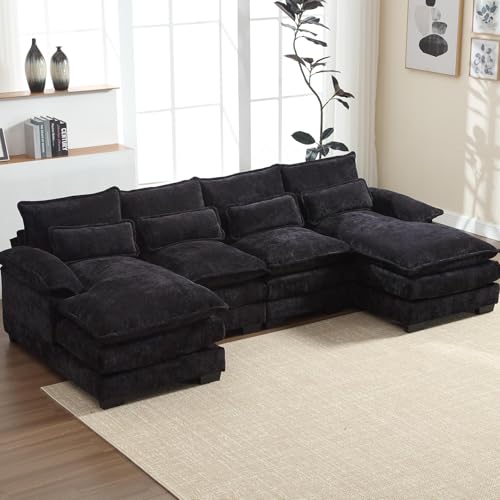 LIFEISLE U-Form Sofa Couch mit Doppel Chaiselongue, Wohnzimmer Modernes Sofa mit Verdicktes Doppel-Sitzkissen und Lendenwirbelstützekissen, Chenille Schwarz von LIFEISLE