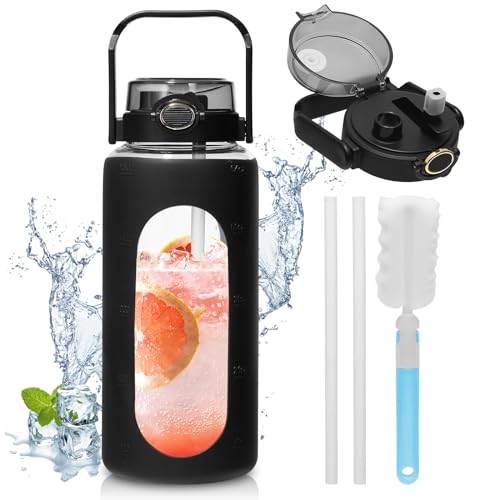 1900ML Glastrinkflasche mit Strohhalm und Griff, Glastrinkflasche mit Zeitmarkierung und Silikonhülle, Auslaufsichere Wasserflasche Ohne BPA für Den Heimsport Sportflasche, Fahrradflasche (Black) von LIFEJXWEN
