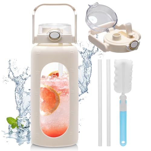 1900ML Glastrinkflasche mit Strohhalm und Griff, Glastrinkflasche mit Zeitmarkierung und Silikonhülle, Auslaufsichere Wasserflasche Ohne BPA für Den Heimsport Sportflasche, Fahrradflasche (WHITE) von LIFEJXWEN