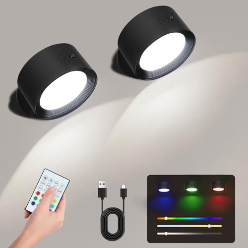 LIFEJXWEN Akku Wandleuchte, 2 Stück RGB Wandlampe Wandlichter, Magnetische Wandlampe 360° drehbare mit Fernbedienung, Led Wandleuchte Kabellos für Schlafzimmer, Wohnzimmer, Wand, Party von LIFEJXWEN