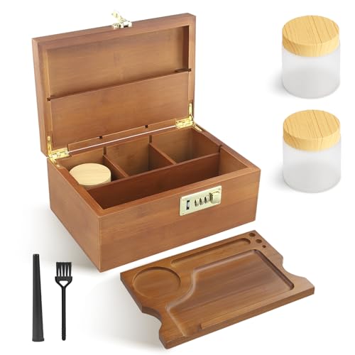LIFEJXWEN Bambusbox mit Zahlenschloss, Aufbewahrungsset aus Holz, 2 Gläser + Bürsten + Aufbewahrungsrohre Rolltablett-Set, Aufbewahrungsbox aus Holz für Kräuter und Zubehör (Braun) von LIFEJXWEN