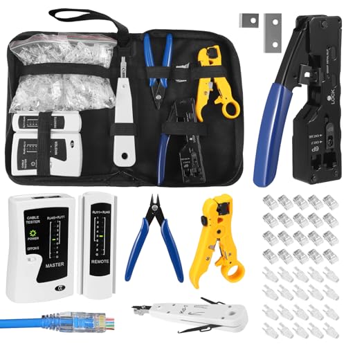 RJ45 Crimpzange Set mit 50 x RJ45 Stecker Cat7/Cat6a Pass Through und Stofftasche, Abisolierzange Netzwerk Werkzeug Set mit Netzwerktester LSA Auflegewerkzeug RJ45/RJ11/RJ12 Reparaturwerkzeuge von LIFEJXWEN