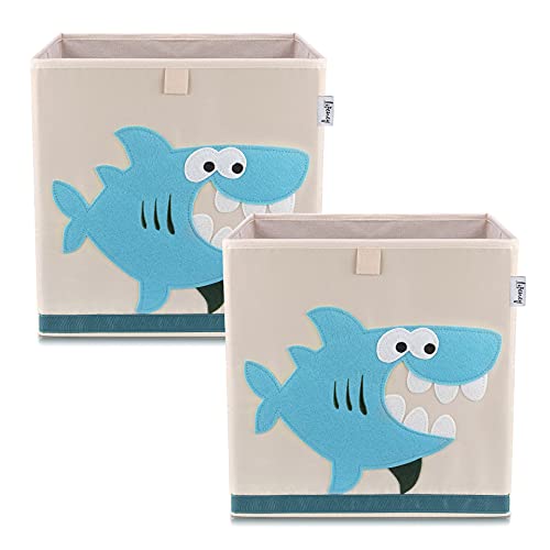 LIFENEY Aufbewahrungsbox im 2er Set Hai I Doppelpack Spielzeugbox mit Tiermotiv passend für Würfelregale I Ordnungsbox für das Kinderzimmer I Aufbewahrungskorb Kinder von LIFENEY