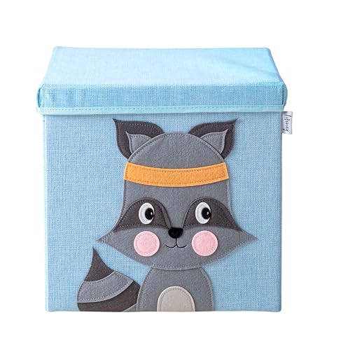LIFENEY Aufbewahrungsbox mit Deckel und Waschbär I Spielzeugbox mit Tiermotiv passend für Würfelregale I Ordnungsbox für das Kinderzimmer I Aufbewahrungskorb Kinder von LIFENEY